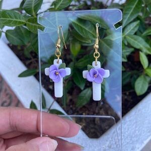 Elegant White and Purple Cross Earrings